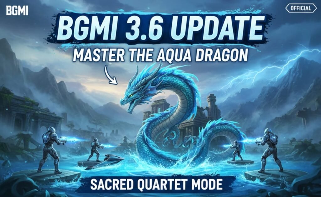 BGMI 3.6 Update official poster featuring the majestic Aqua Dragon coiled around ancient temple ruins in Sacred Quartet Mode, with four armoured players on glowing water platforms battling under a lightning storm